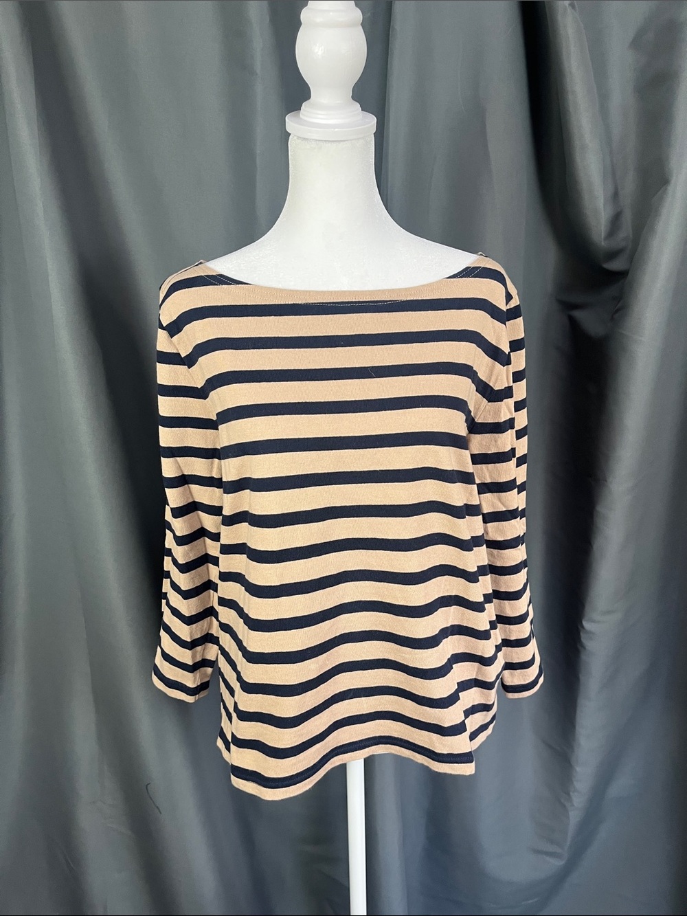 J. Crew Beige and Black Striped Boatneck Long Sleeve Top